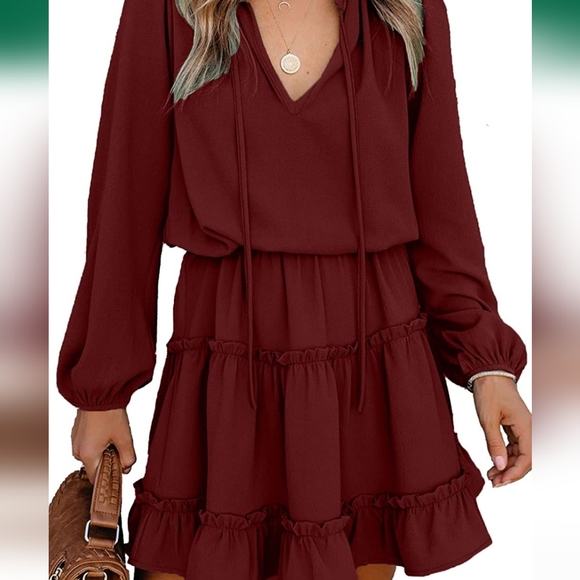 Dresses & Skirts - Flowy Mini Swing Dress - Casual Loose Long Sleeve V Neck Ruffle Tiered Chiffon